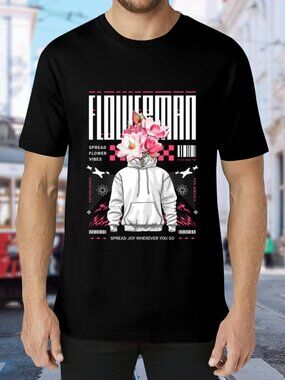 Flowerman Graphic Tee - Black with Pink & White Print